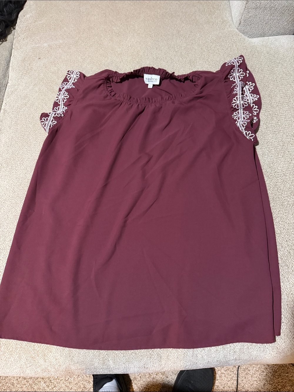 Burgundy Embroidered Flutter Sleeve Blouse